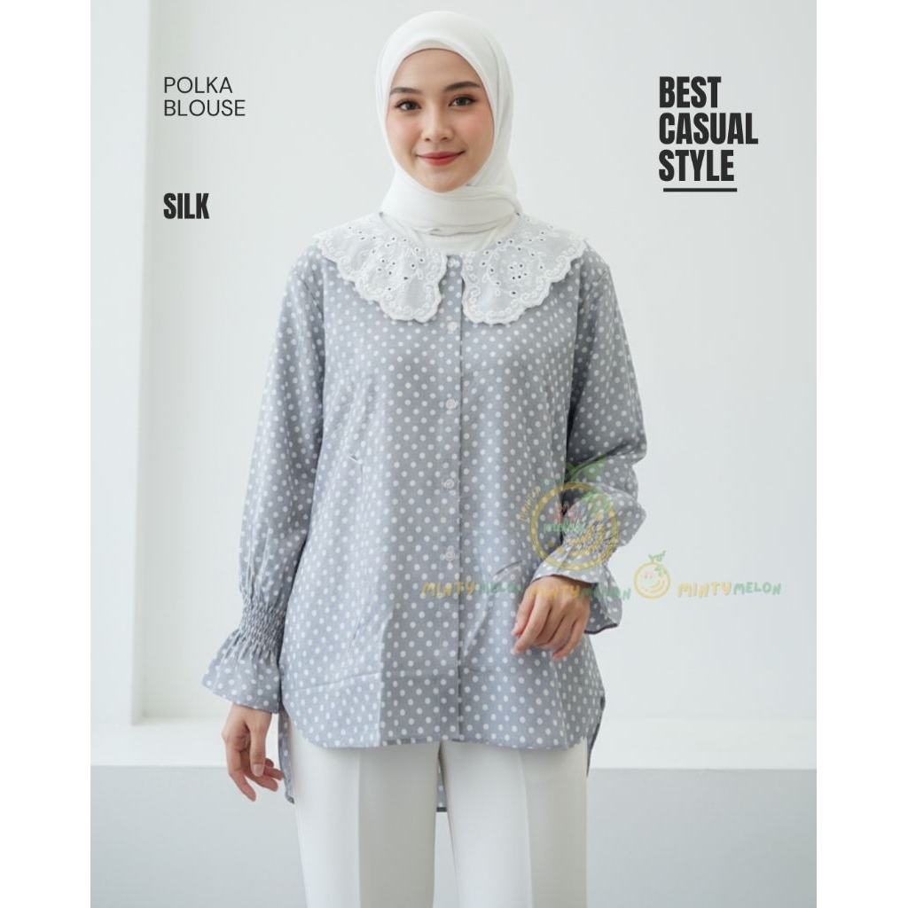 blouse polkadot wanita silk krah ruffle