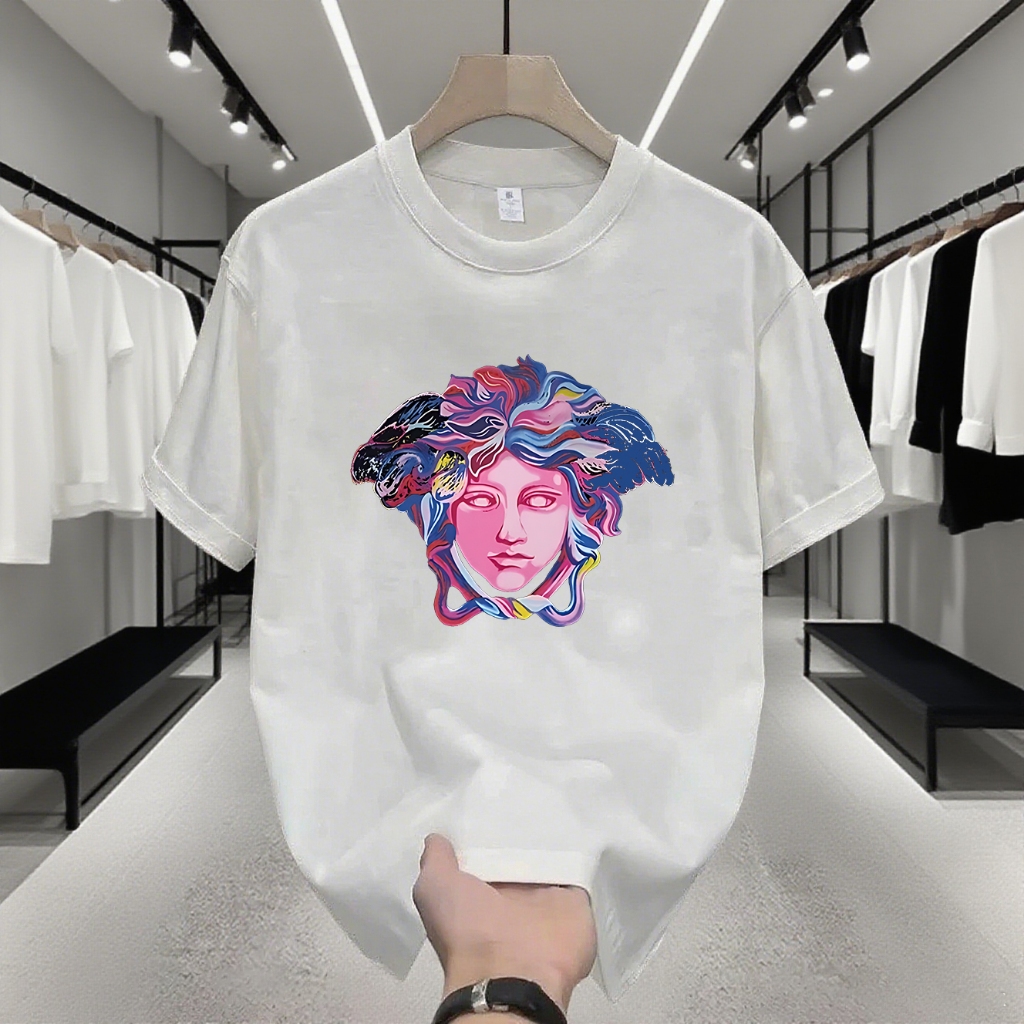 ✨COD✨Kaos Katun 100% T-Shirt Lengan Pendek, Motif Cetak Trendy Medusa Head Versace, Gaya Ins, Street
