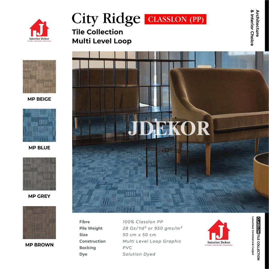 JDEKOR - Karpet Tile City Ridge | Karpet Kantor Isi 20 Pcs Per Box | Harga Adalah Per Box