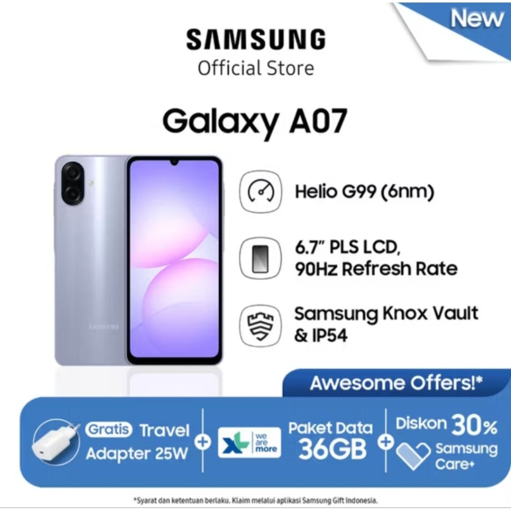 SAMSUNG A07 Ram 4+4/64 GB (Gaming Prosesor Helio G-99/ 50 Mp /25W Charger/IP54) - GARANSI RESMI INDO