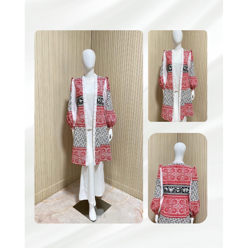 Outer Etnik Kain Patumbuk Toraja - Motif Tradisional Modern Merah Hitam - Outer Panjang Stylish