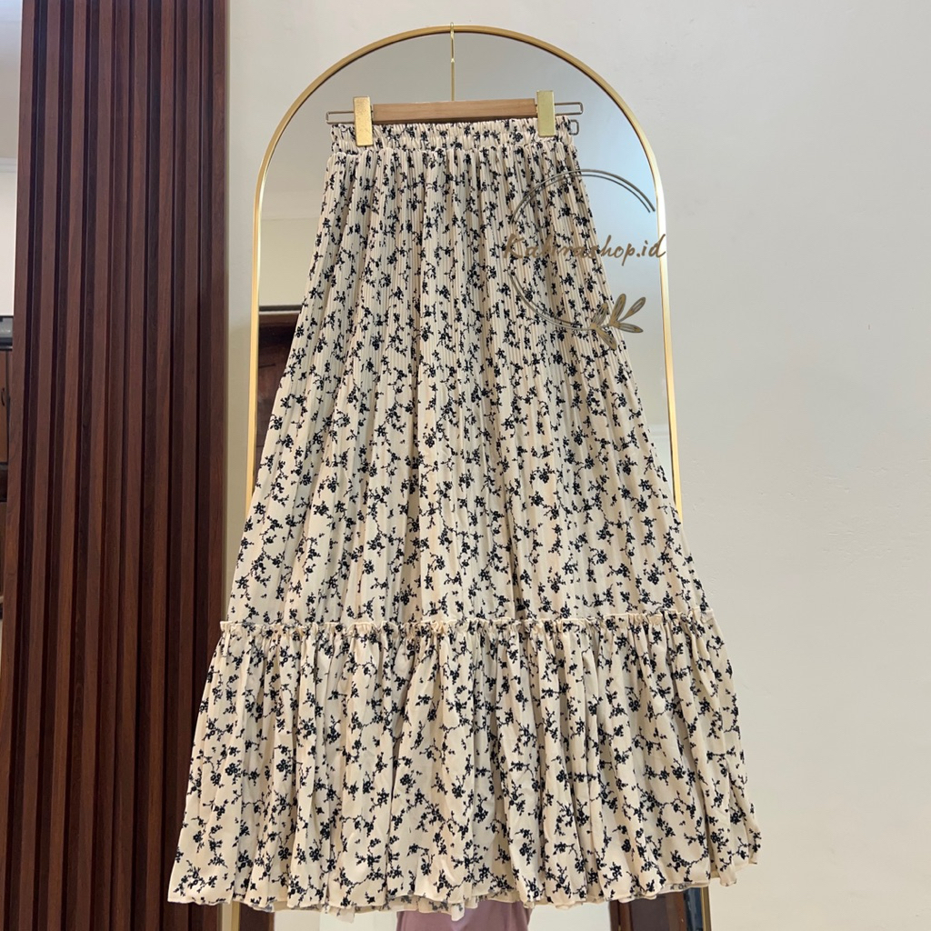 Ootd Rok Plisket Tutu Rempel Motif Bunga Wanita Korea / Long Skirt Cewek Hijab Cod Ootd