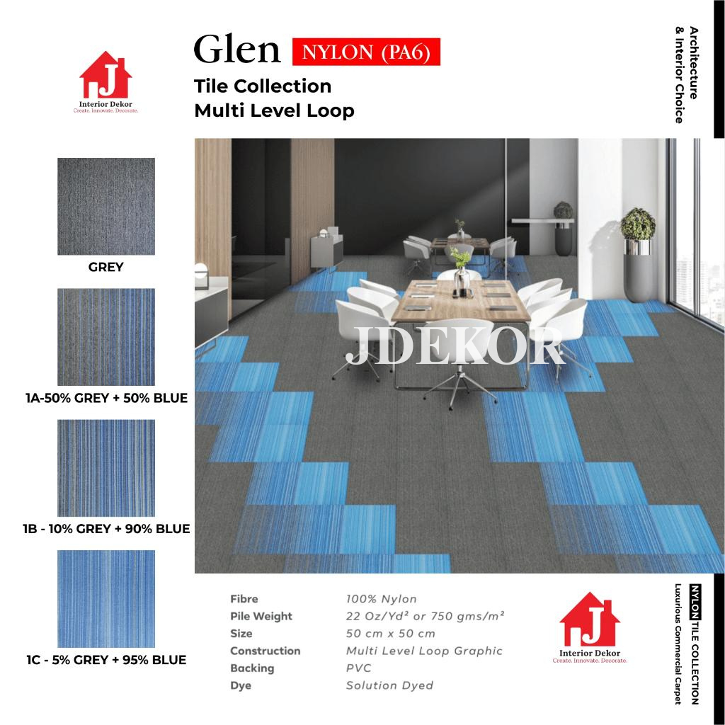 JDEKOR - Karpet Tile Glen Nylon | Karpet Kantor Isi 20 Pcs Per Box | Harga Adalah Per Box