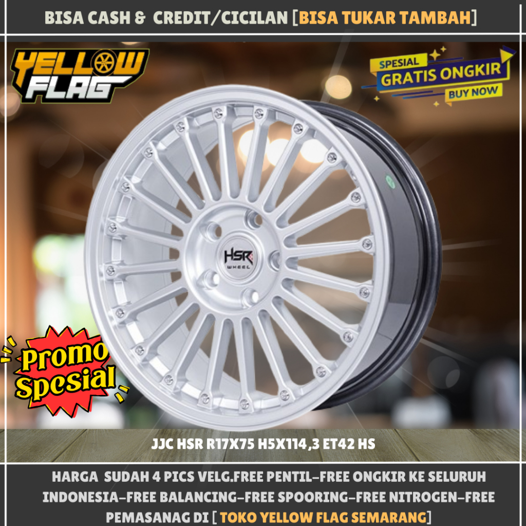 Velg mobil r17 model jari-jari tipe hsr jjc ring 17 lubang baud 5x114,3 et42 lebar 7,5 hyper silver
