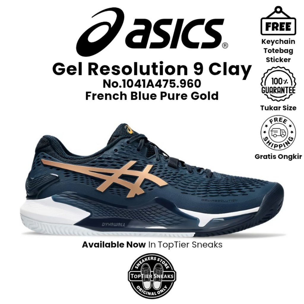 Sepatu Running Tennis Asics GEL RES0LUTI0N 9 Clay French Blue Pure Gold Original