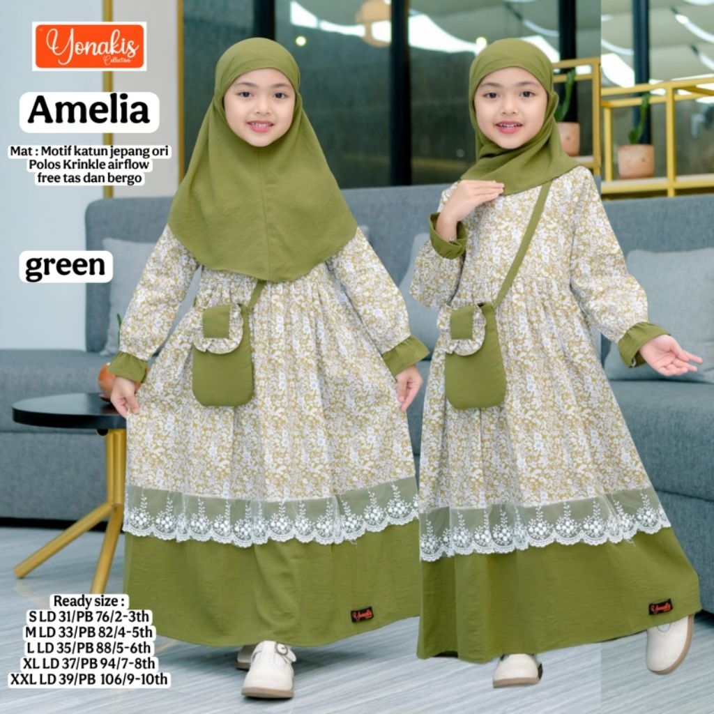 AMELIA SET MAXY DRESS KIDS SYARI (FREE TAS) - Baju Gamis Anak Katun Jepang Ori Premium + Jilbab Berg