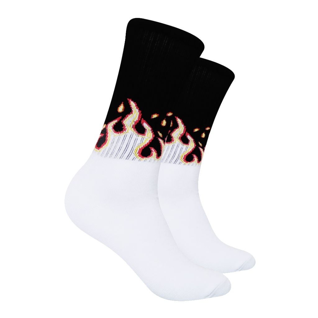 Kaos Kaki Oldskool Motif Skate Putih Premium Flame api hitam putih