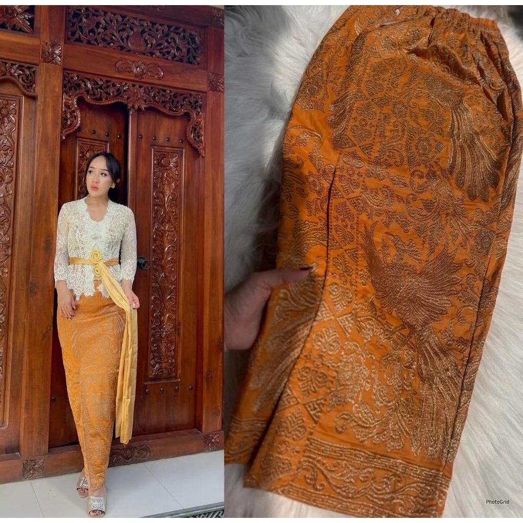 Kamen Jadi  bordir premiuim motif Merak gold katun strait bawahan wanita tradisional kebaya bali