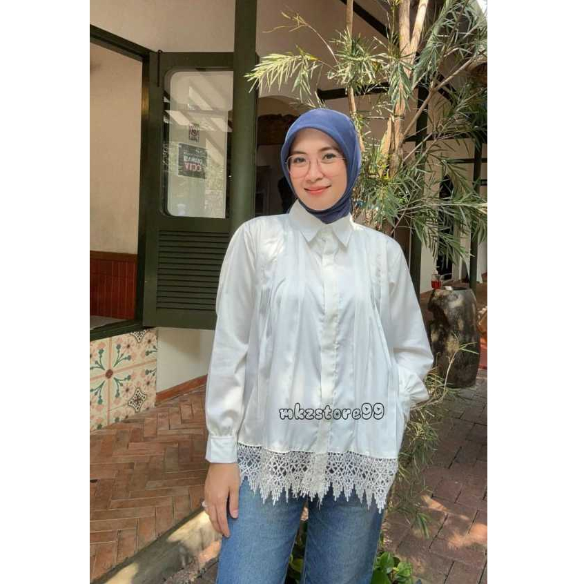 Mkzstore Jema Blouse Brokat Katun/Kemeja Blouse Wanita Mix Brokat modern  Baju Atasan Panjang Top