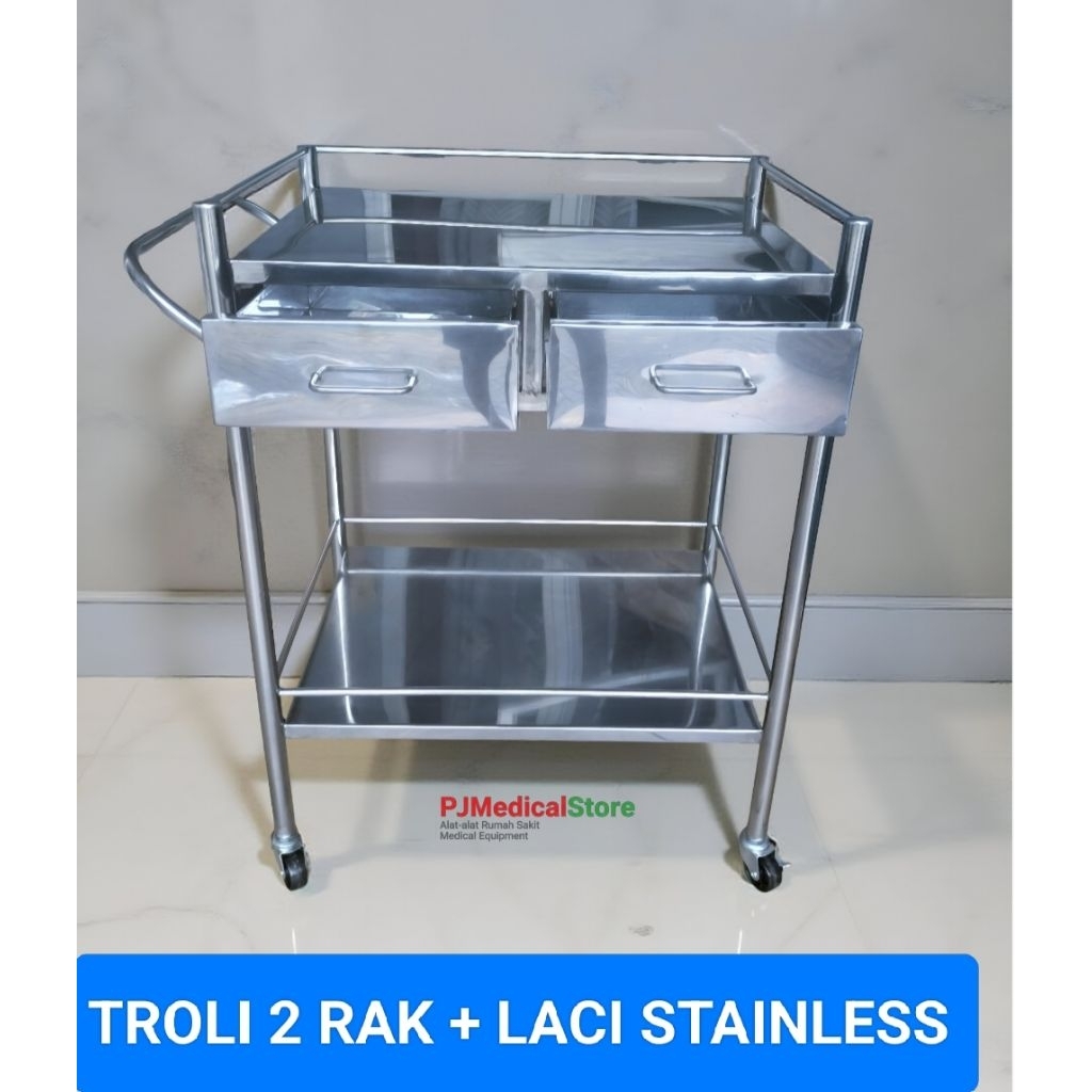 troli instrumen 2 rak laci stainless / meja instrumen stainless / trolley stainless / troli alkes