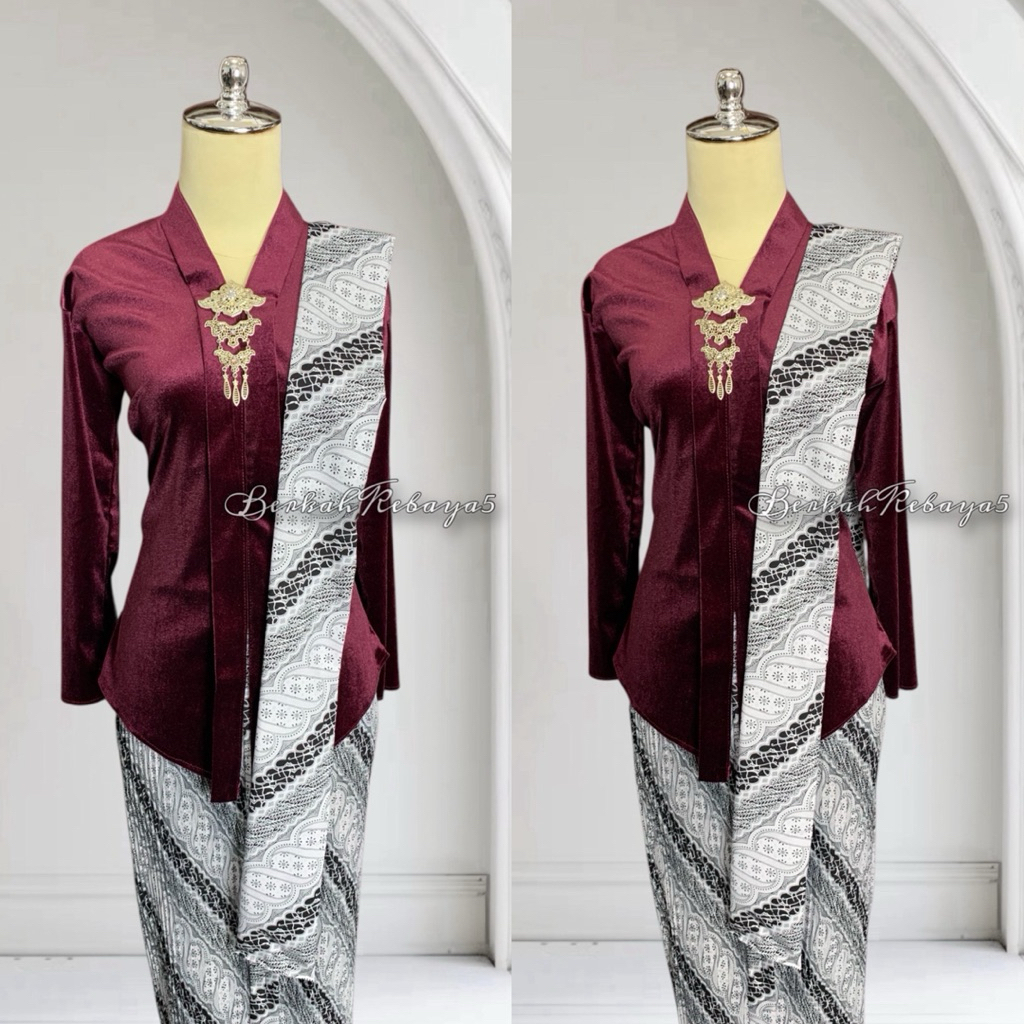 Setelan Kebaya Kartini Encim Bludru Warna Burgundy / Kebaya + Selendang + Jarik Motif Sogan Putih
