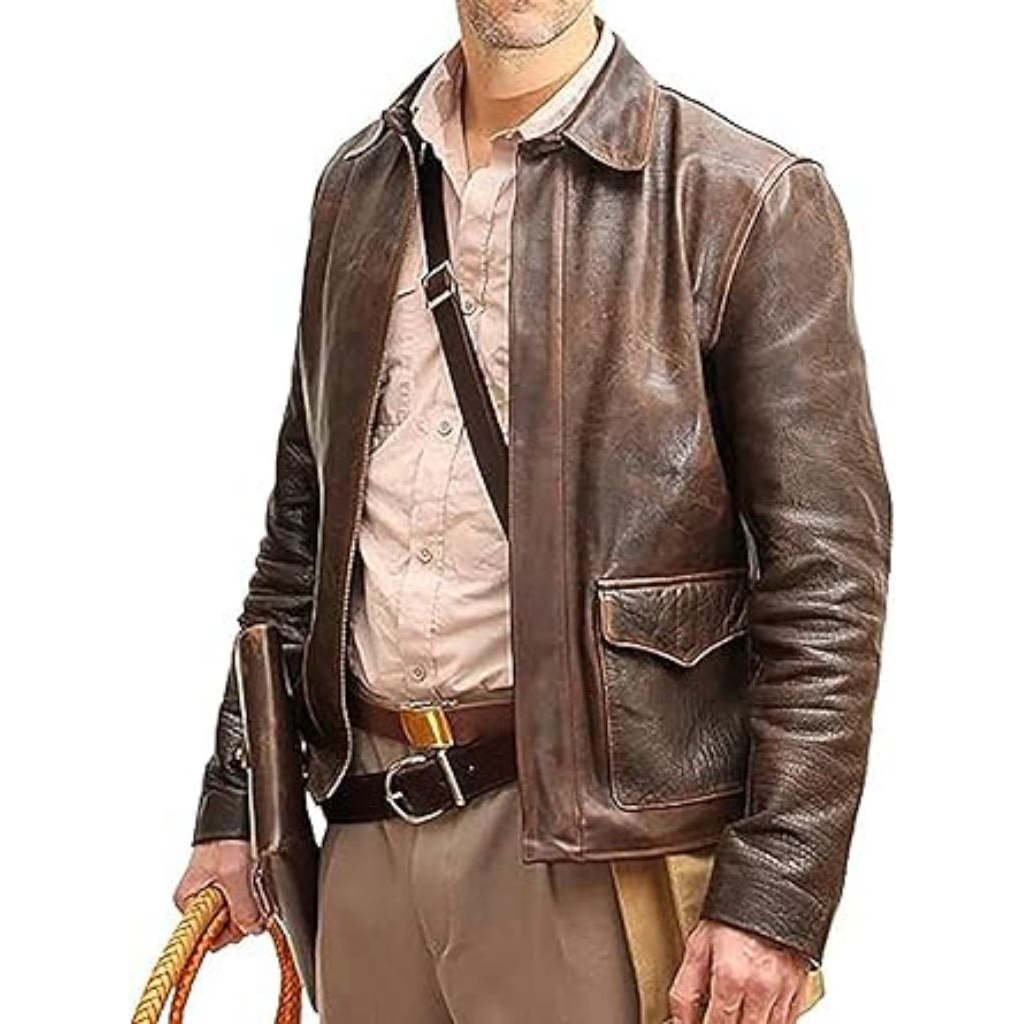 Raiders of The Lost Ark Indiana Jones Harrison Ford Vintage Brown Bomber Leather Jacket-Genuine Cowh