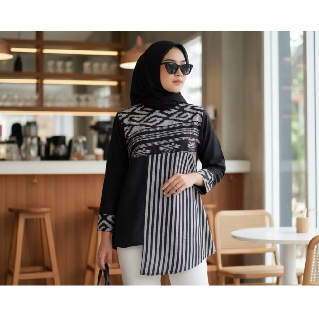 Ready Stok Baju Batik Wanita Blus Tenun Kombinasi Hitam Salur Tenun Original Kombinasi toyobo blus b