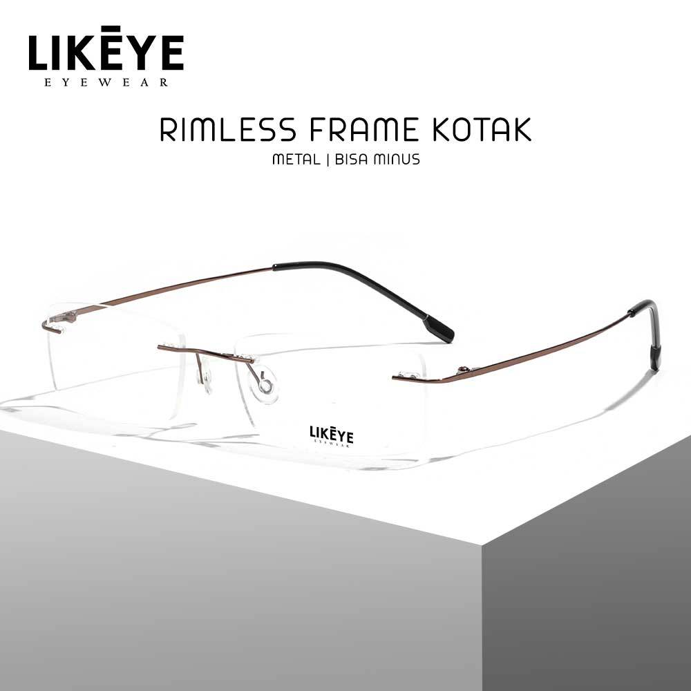 LIKEYE Frame Kacamata Rimless Model Kotak Stylish Ringan Pria Wanita Fashion Glasses Bisa Minus Anti