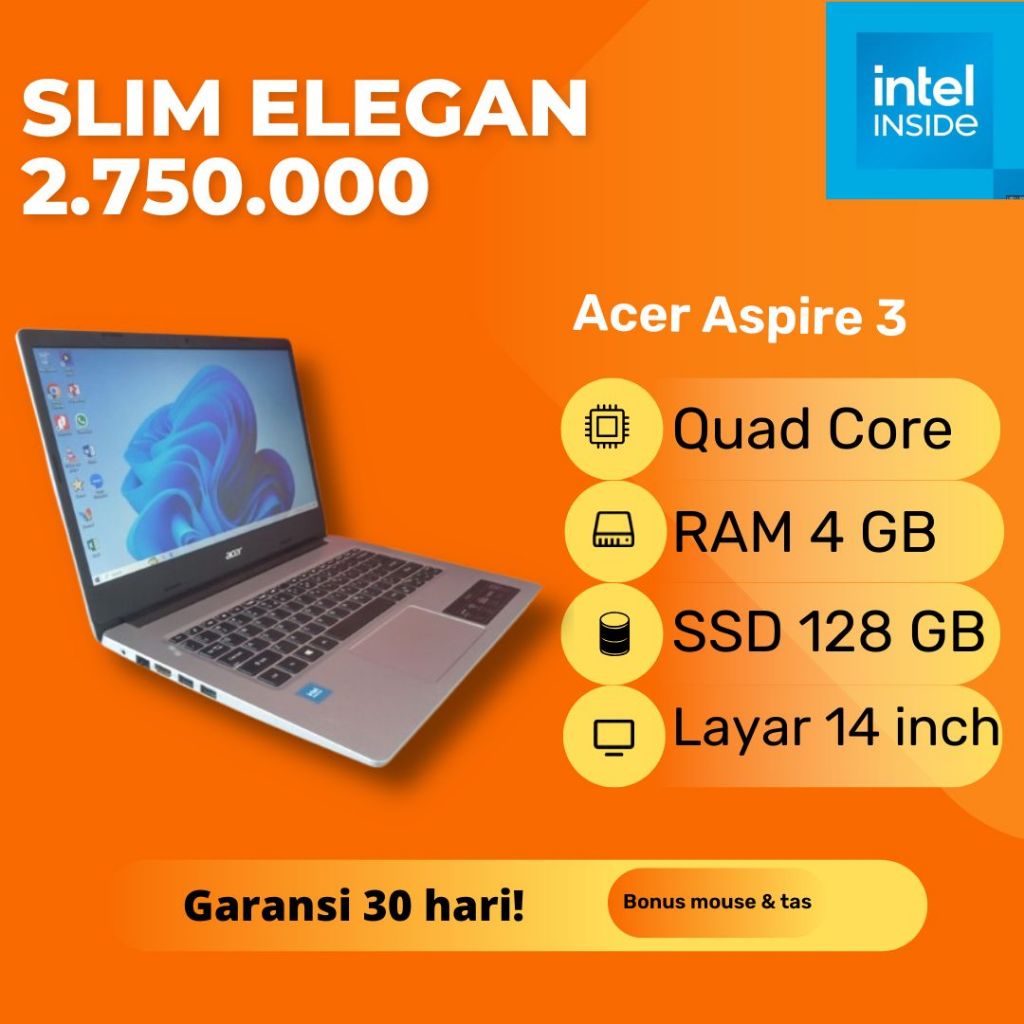 Laptop Acer Aspire 3 A314-35 Slim Silver Intel Celeron N5100 RAM 4GB SSD 128GB Quad Core Second Beka