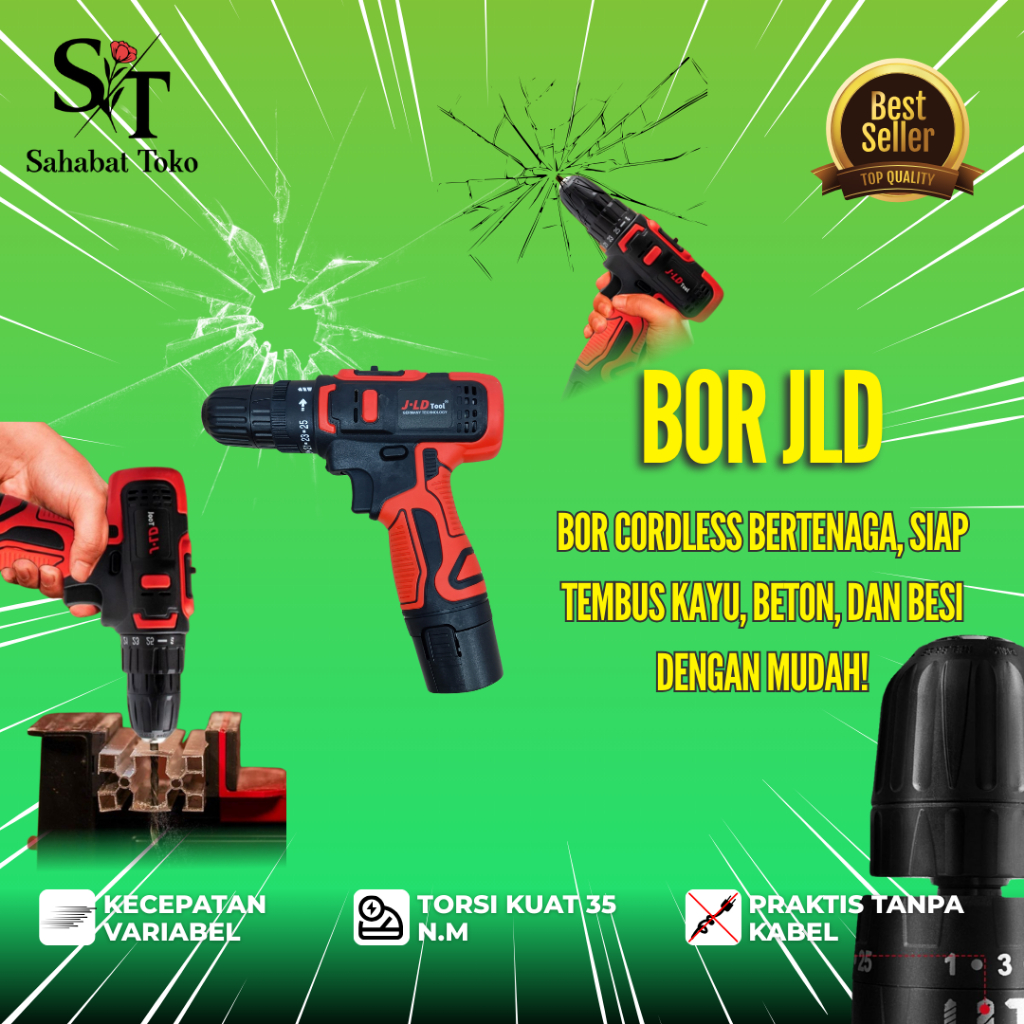 Mesin Bor Obeng Tangan Portable Portabel Baterai USB Rechargeable Cordless JLD Drill Screwdriver 12V