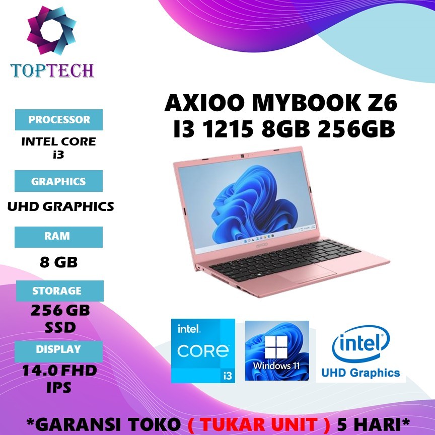 LAPTOP AXIOO MYBOOK Z6 I3 1215 RAM 8GB 256GB WINDOWS 11 14.0FHD IPS LAN WARNA PINK DAN BLACK