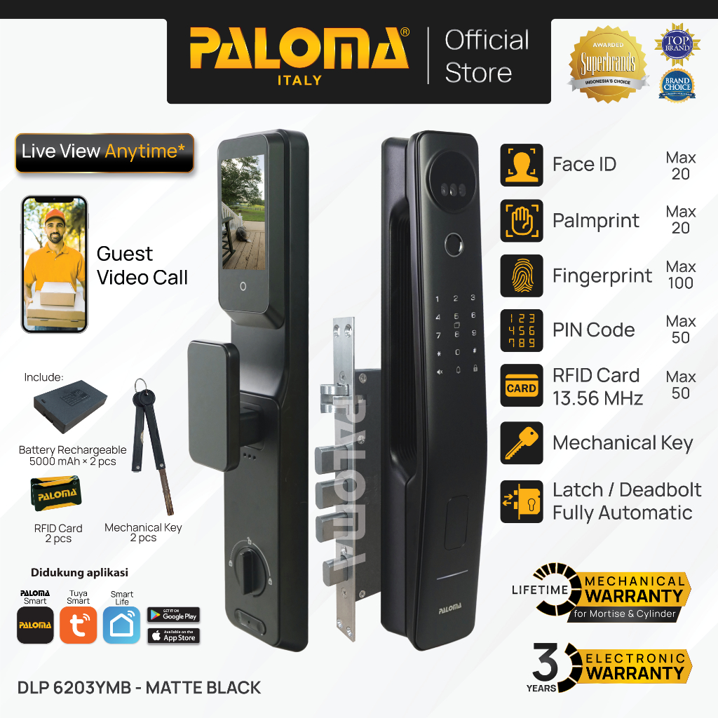 PALOMA DLP 6203YMB Smart Lock Kunci Pintu Digital Lock Smart Door Lock Smart Home Kunci Pintar 3D Fa