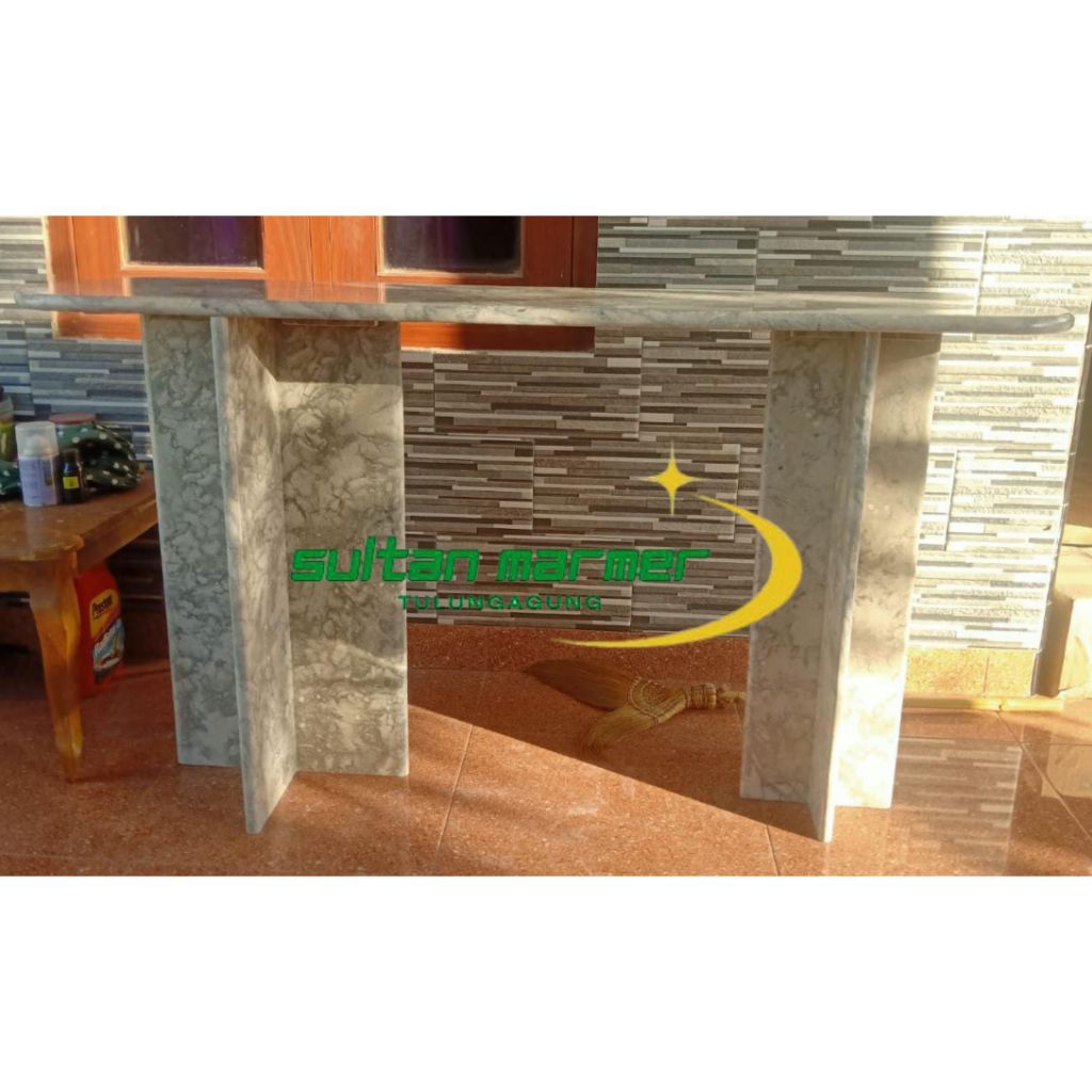 Meja Konsul Aesthetic Model Oval Batu Marmer Abu Abu Motif Glosy