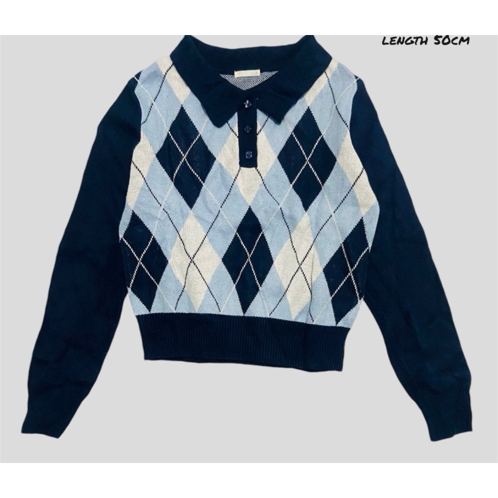 NO NEGO sweater soft knit ketupat motif argyle rare crop size XL branded by GU uniqlo (preloved)