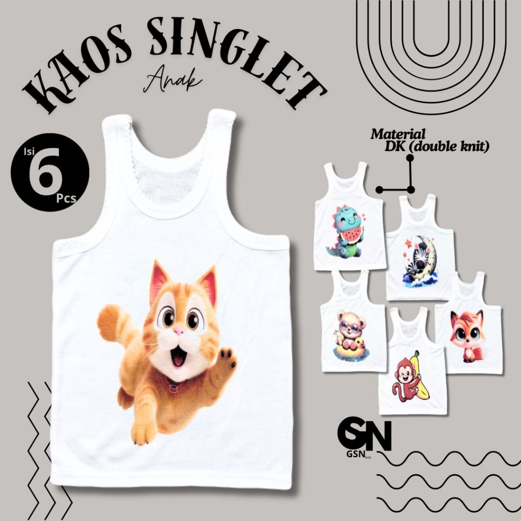 Kaos Dalam/SINGLET Putih anak/bayi laki-laki dan Perempuan Karakter Hewan Bahan Double Knit (6 pcs)
