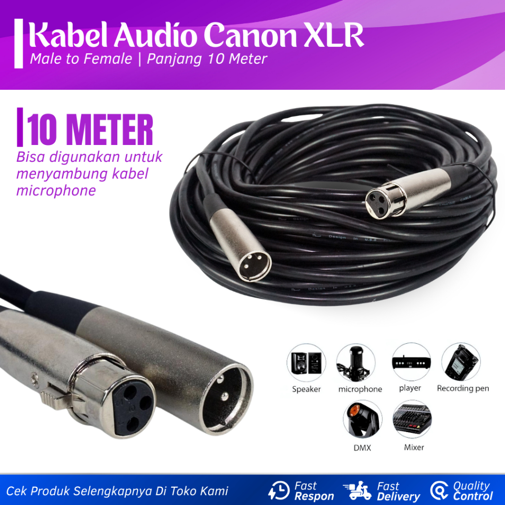 Kabel Mic 10 Meter Canon to Canon Kabel Microphone 10 Meter Kabel XLR Female to Male 3 Pin Kabel Aud