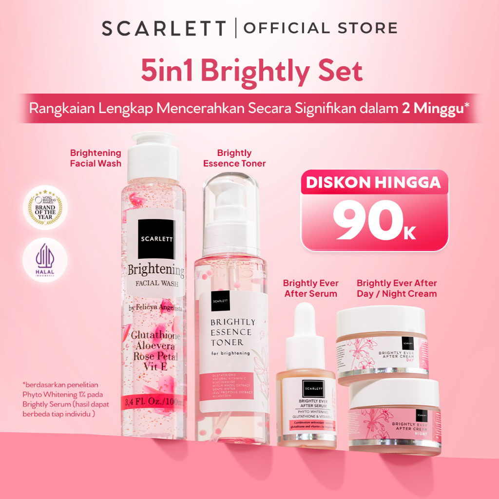 Scarlett Whitening Brightly Series - Serum / Toner / Facial Wash / Day Cream / Night Cream Mencerahk