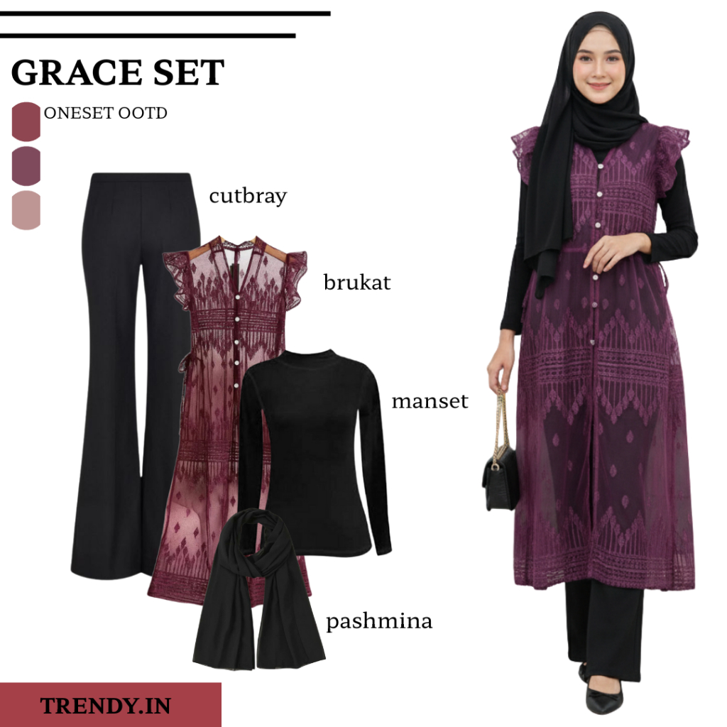Grace Set - Oneset Outer Brukat Sapto ( Outer Tunik, Celana Cutbray, Manset, Pashmina ) Outfit OneSe