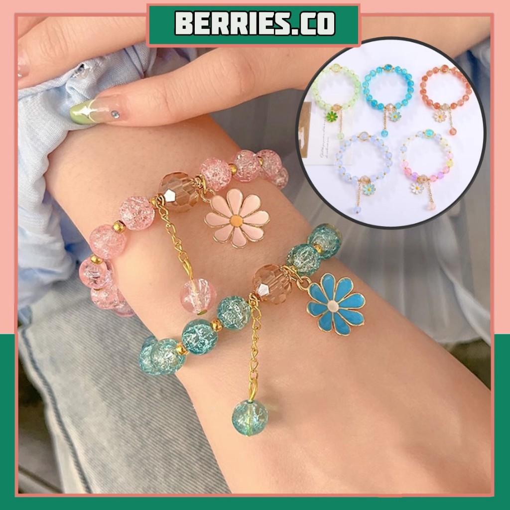 BRI*GL2029 Gelang Karet Aesthetic Daisy Rumbai Bunga Kristal Wanita Manik Colourfull Korea
