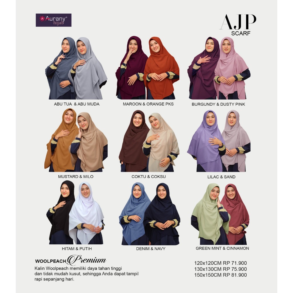 AJP 01 aurany jilbab polos 130 x 130 wolfis hijab kerudung dewasa murah square segi empat segi4