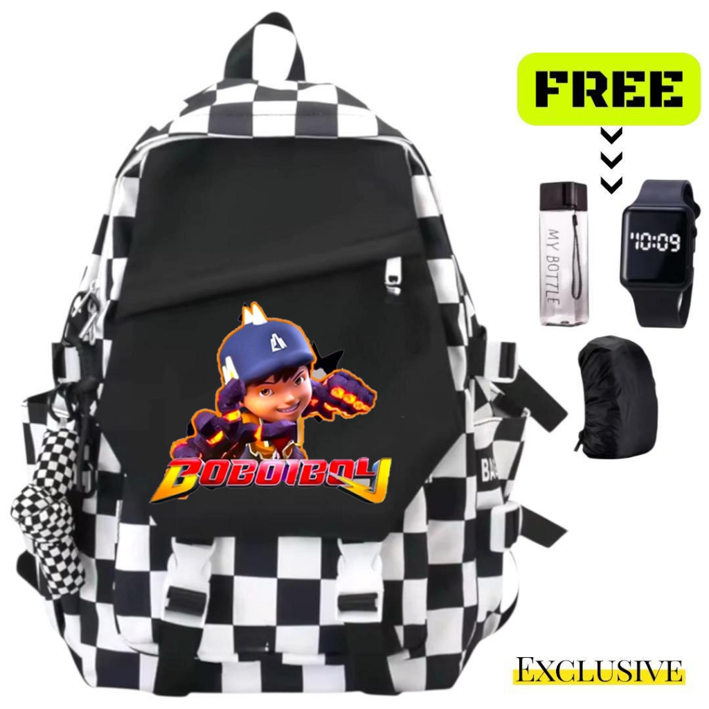 Tas Ransel Sekolah Anak Fashion Motif Karater BOBOIBOY RS 5014 Free Hadiah Jam Botlle Cover Anti air
