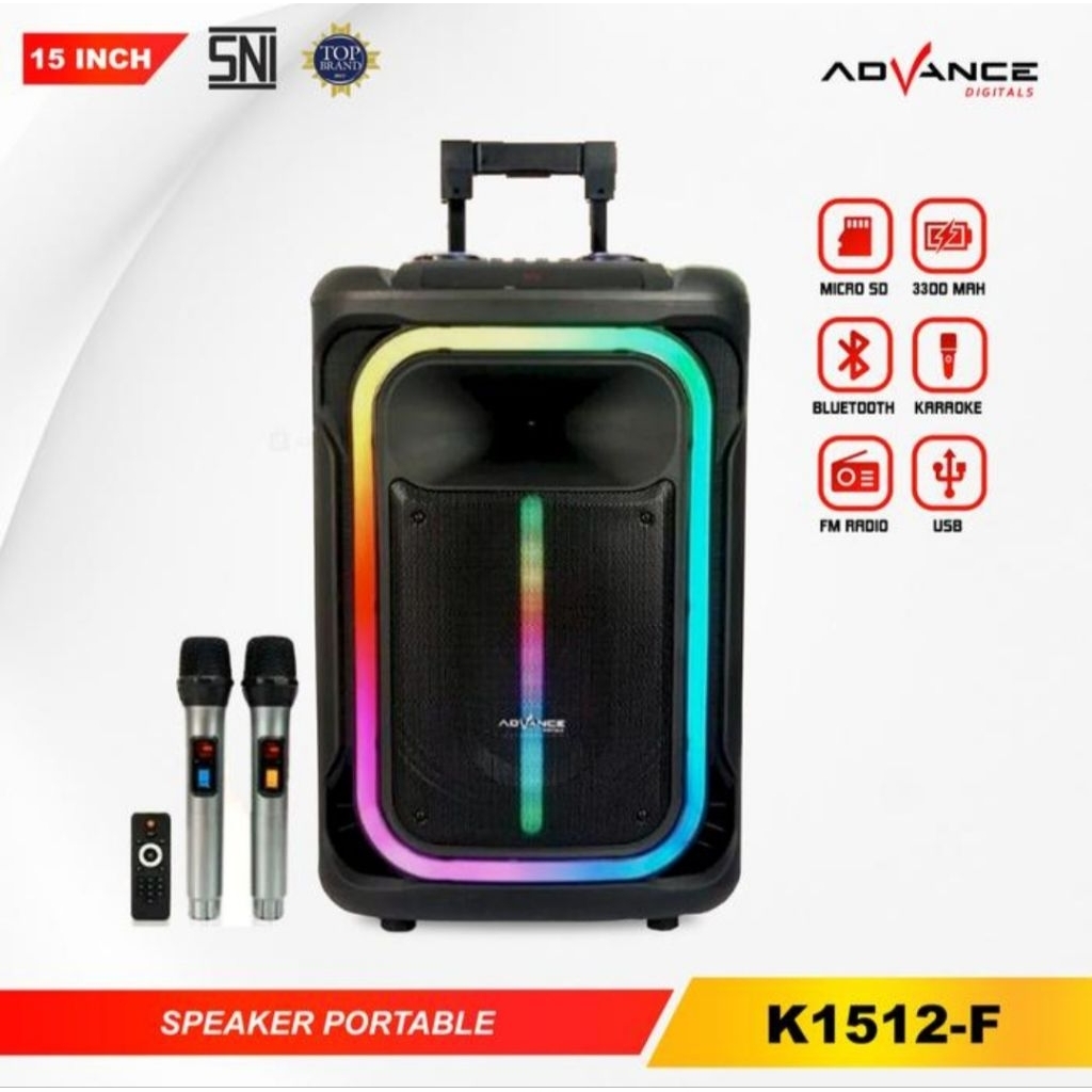 Speaker Portable Advance K1512-F 15 inch Free 2 Mic Wireless/Speaker Bluetooth Advance K1512F ORI
