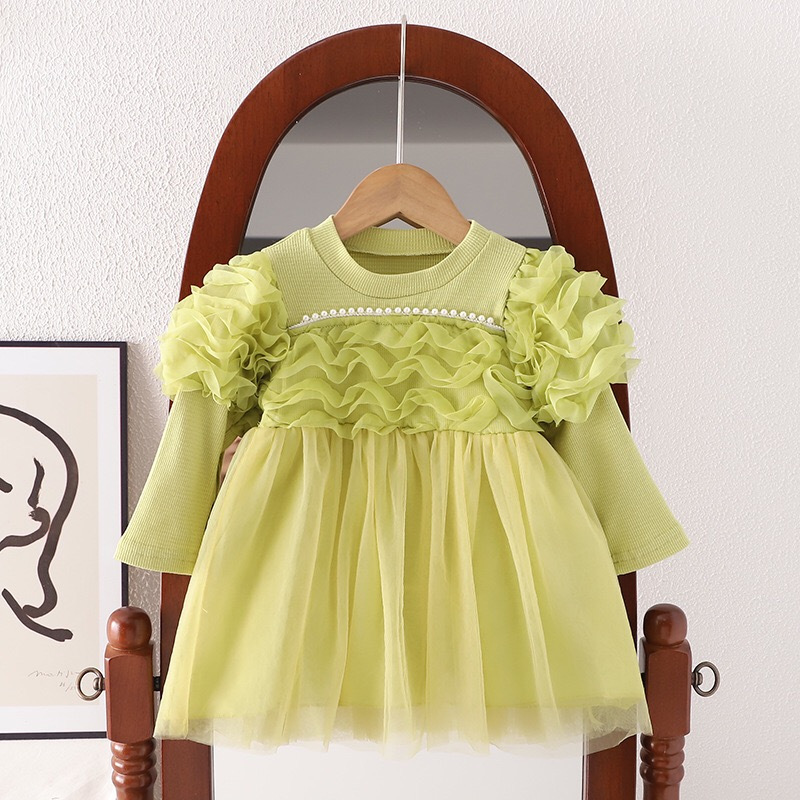 Dress Anak Bayi Perempuan Lengan Panjang Hijau Sage Lebaran