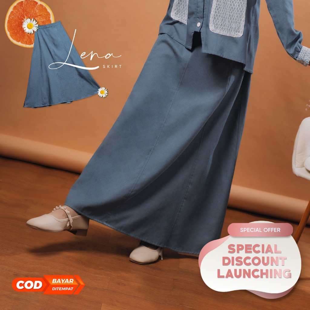 JILBRAVE Lena Skirt Rok Wanita A-Line Maxi Bahan Soft Jeans One Set Rok Atasan
