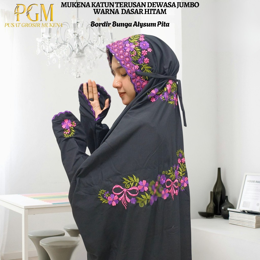 MUKENA TERUSAN KATUN MIKRO KAIN HITAM JUMBO DEWASA MOTIF BUNGA ALYSUM