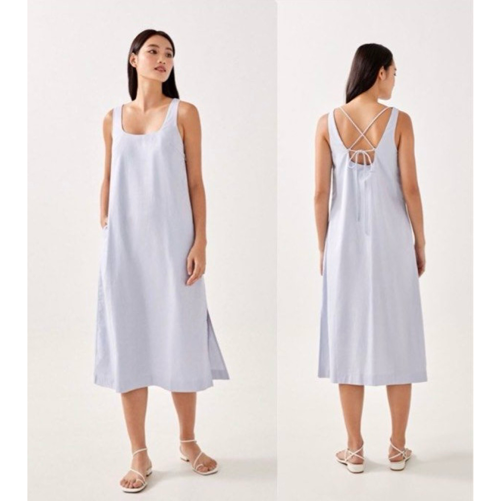 Love Bonito baby blue Jannah Tie Back Dress midi slit linen ribbon backless summer beach flare squar