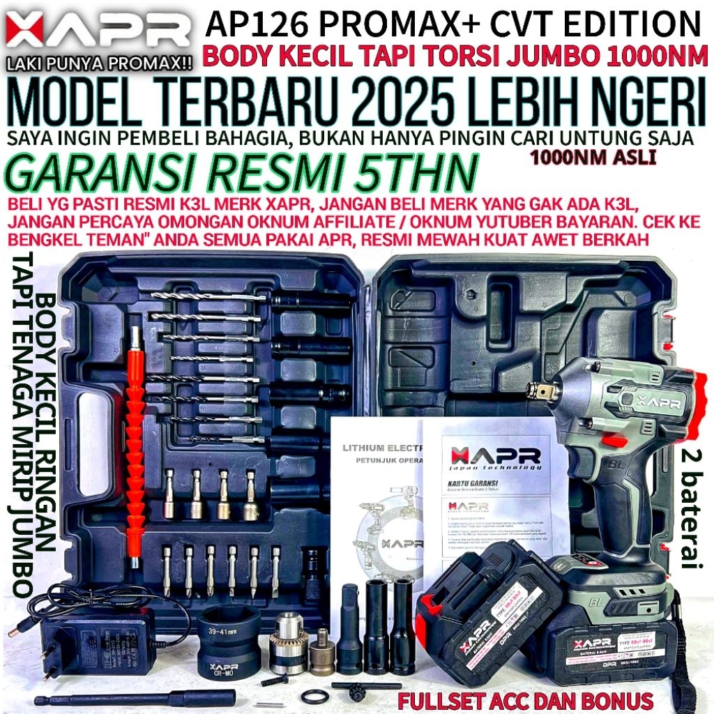 IMPACT APR AP126 PROMAX+ 1000NM BODY KECIL TENAGA JUMBO FULLSET 2 BATERAI bor impek buka baut