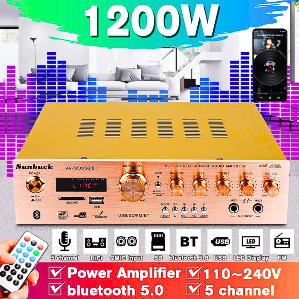Sunbuck Av-580Bt Pro Ampli Amplifier Karaoke Masjid Bluetooth Super Bass Rumahan Eq Mixer Fm