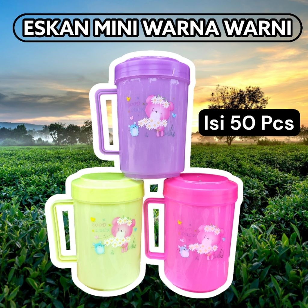 ( isi 50 pcs ) Gelas tutup plastik mini warna warni bergambar / eskan mini tutup / mug tutup / cangk
