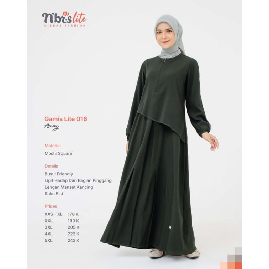 Gamis Nibras Terbaru Lite 016 Warna Hijau Army Green Bahan Lembut Ringan Busui Friendly Dress Muslim