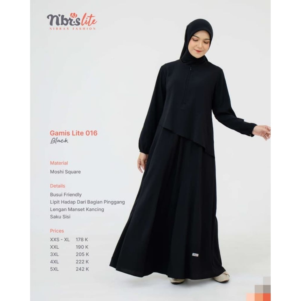 Gamis Nibras Terbaru Lite 016 Warna Black Hitam Polos Bahan Lembut Ringan Baju Terusan Casual Elegan