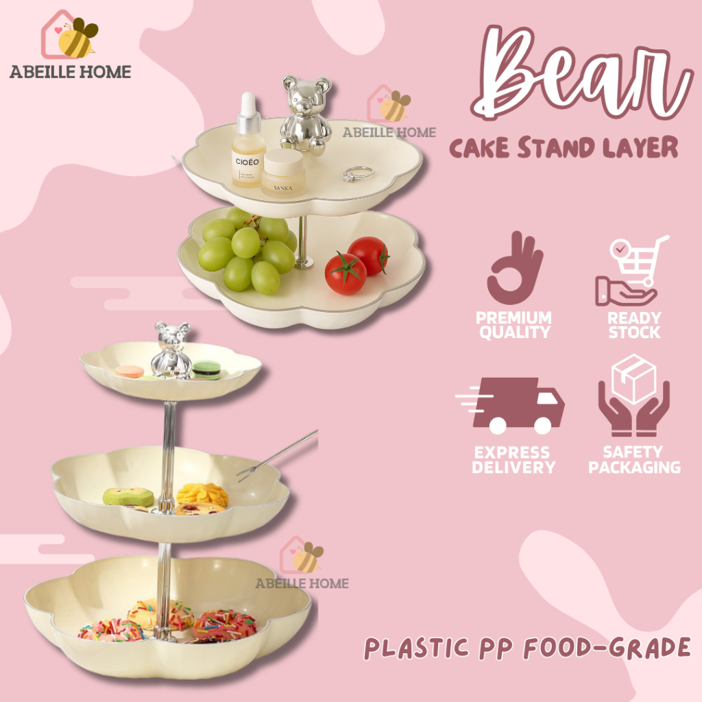 BEAR Rak Kue Buah 2/3 Tingkat Layer Motif Bunga dengan Hiasan Beruang Silver Piring Saji Susun Snack