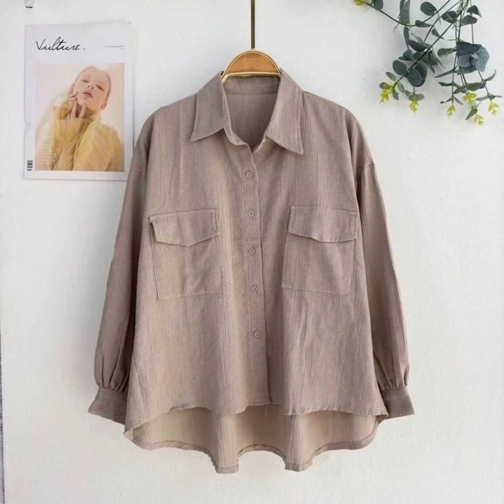 Atasan wanita kantong depan terbaru masa kini polo linen