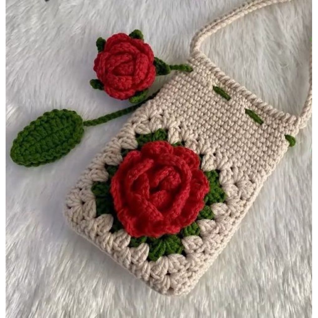 Tas serut bunga mawar ceplok tas  rajut