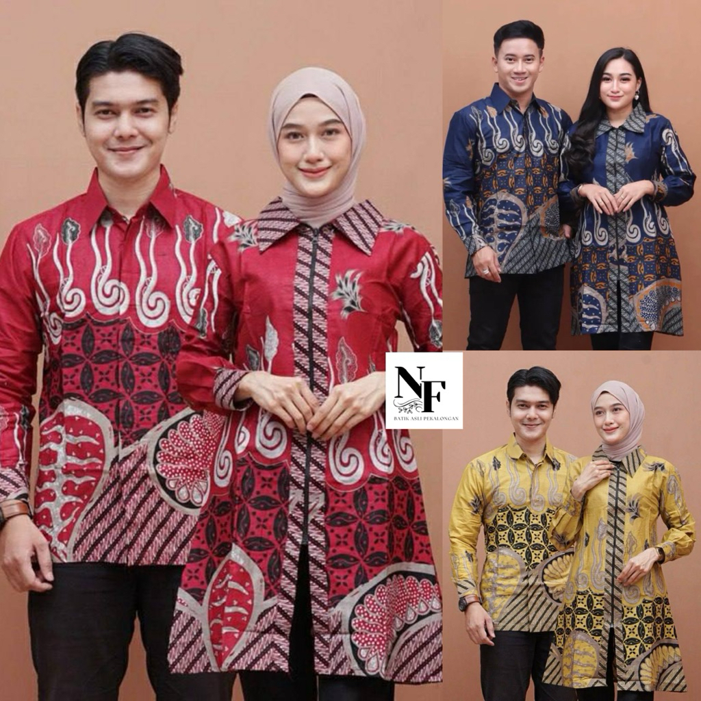 Couple Tunik Batik Wanita Pasangan Kemeja Batik Pria Bahan Kain Katun Batik Modern Motif Melodi