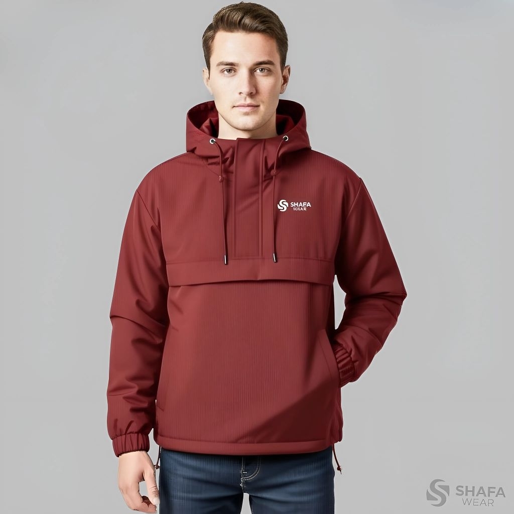 Shafa Wear Jaket Anorak Hoodie Pria BIG SIZE JUMBO Parasut Merah Maroon Windbreaker Outdoor