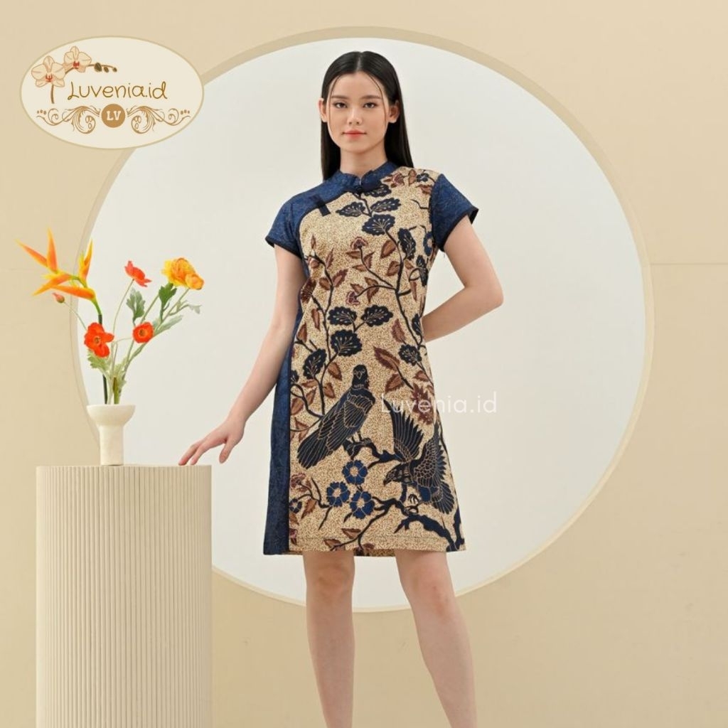 Dress Batik 183 UPH NAVY / Batik Wanita / Batik Imlek / Batik Cheongsam / Batik Jumbo / Batik Couple