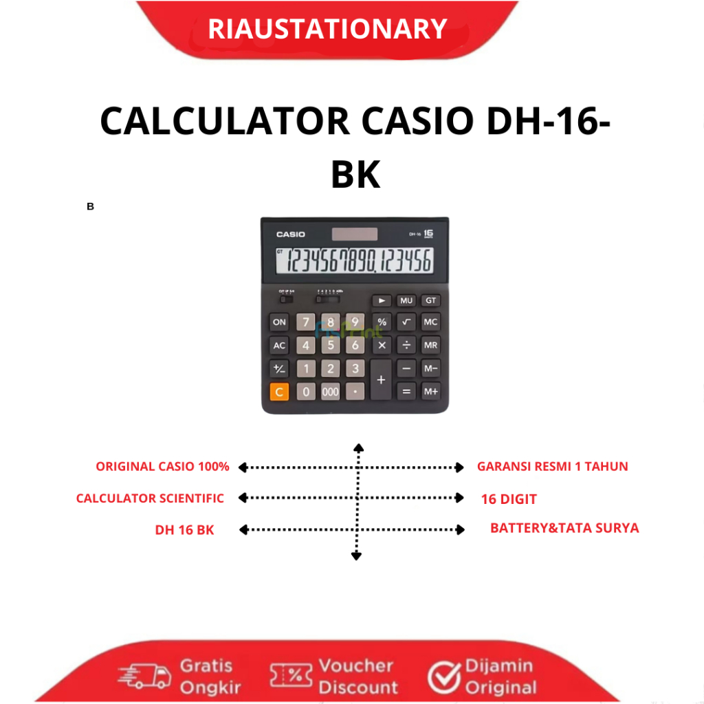 CASIO CALCULATOR TENAGA SURYA/BATTERY 16 DIGIT DH-16BK
