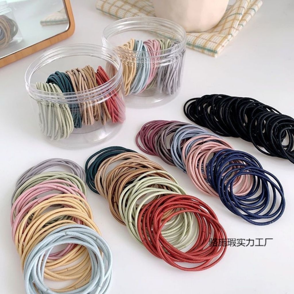 100PCS UKURAN BESAR Ikat Rambut Elastis Nylon Polos Bahan Karet Isi 100 PCS Set Aksesories Rambut Ga