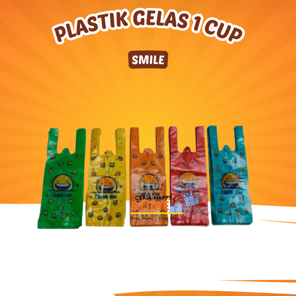 CERIA - Kantong Plastik Kresek HD Jus Smile Warna Warni l Plastik Tenteng Gelas l Plastik Gelas 1 Cu